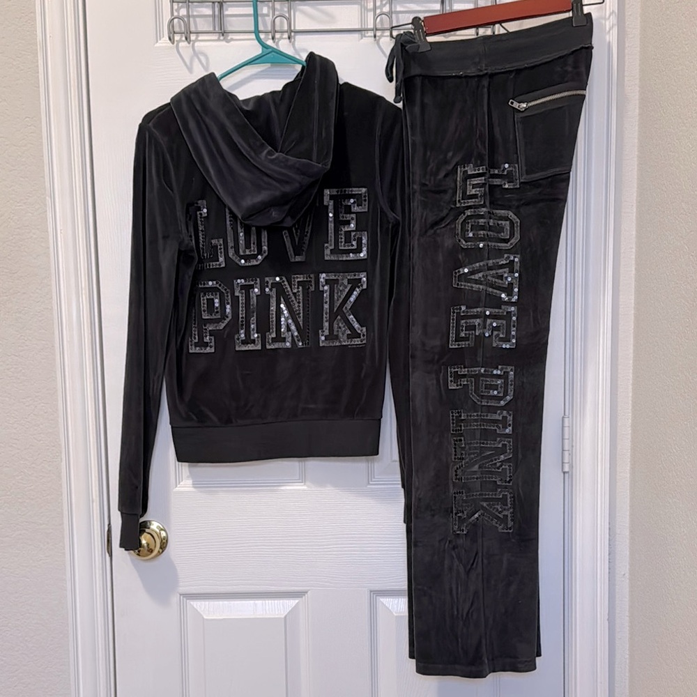 💕Vintage VS PINK velour sequin pant/hoodie set